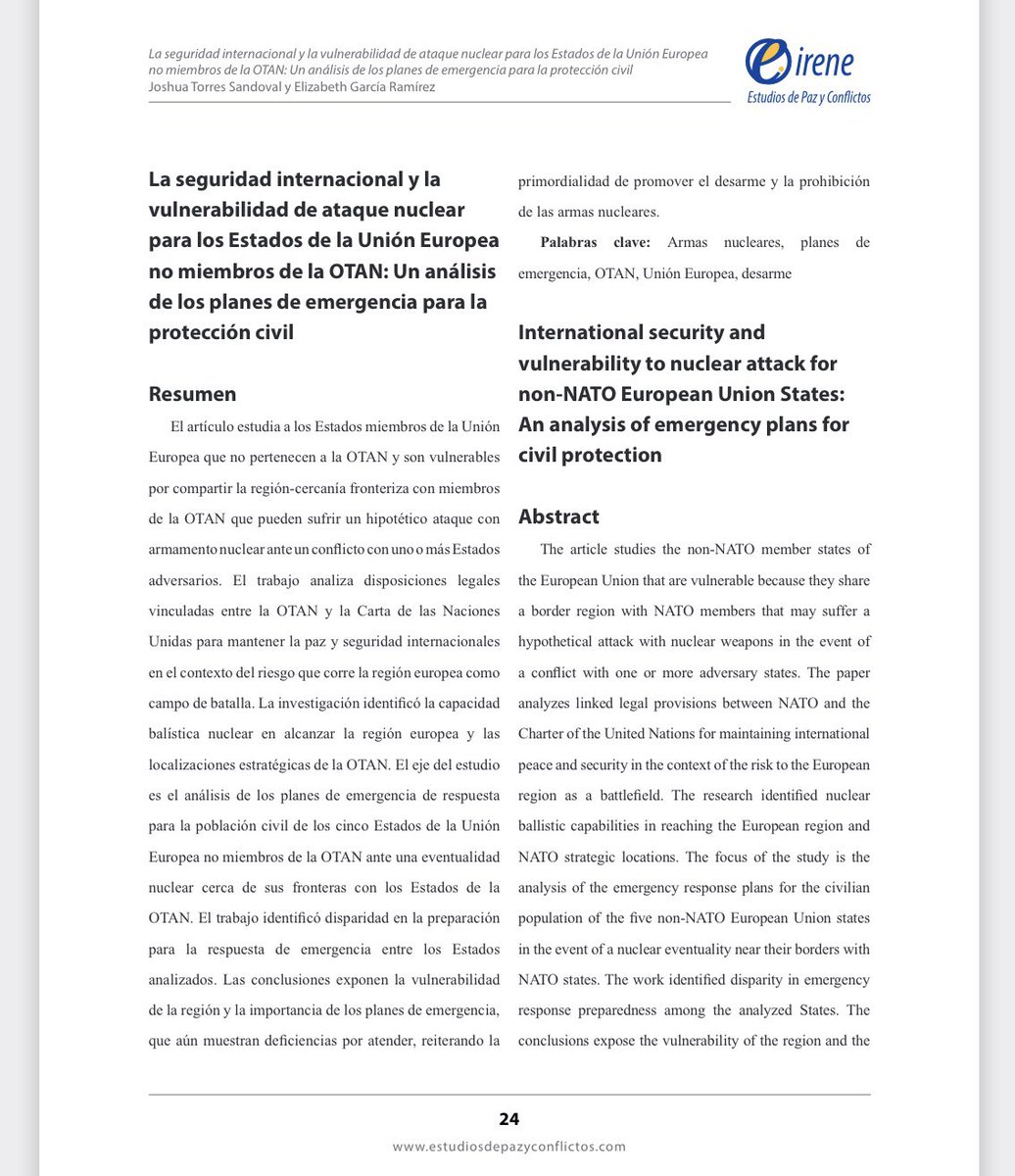 JoshuaTorresJT's tweet photo. Comparto ¡Nuevo Artículo! La seguridad internacional y la vulnerabilidad de ataque nuclear para los Estados de la Unión Europea no miembros de la OTAN... Publicado por la revista Eirene Estudios de Paz y Conflictos. #TPAN #UABC #TPNW Te invito a leerlo en https://t.co/4ZM2fxCPG1 https://t.co/Ix59jWjB11