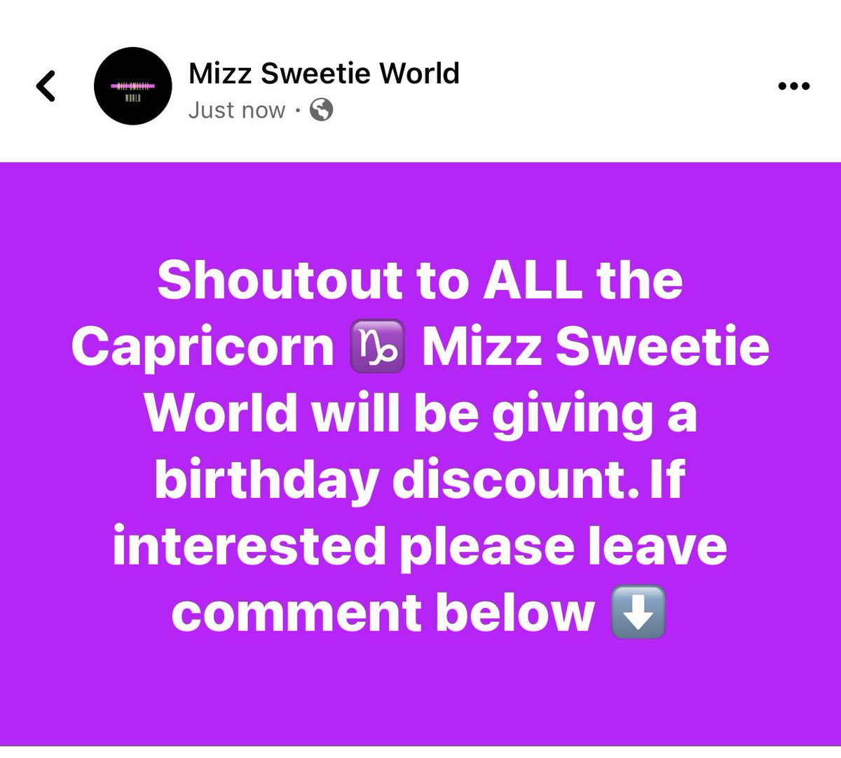 So MANY Capricorn‼️ Shoutout to ALL the Capricorn ♑️ Mizz Sweetie World will be giving a birthday discount. If interested please leave comment below ⬇️

#capricorn #happybirthday #birthdaydiscount #birthday #birthdaycoupon #onlinestore #boutique #mizzsweetieworld