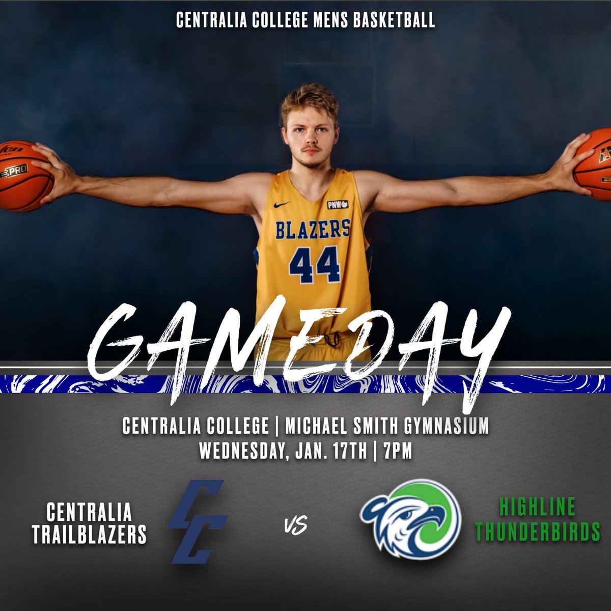 cc_mens's tweet photo. GAME DAY!!🟨🟦🏀

Blazers are home tonight as they take on the Highline Thunderbirds in a M/W Doubleheader!!!

🆚️ Highline CC
🕓 7:00pm Tip-off 
🏟 Michael Smith Gymnasium | Centralia College 
📍 Centralia, WA
🔗 https://t.co/xjmAuT8Az1
:
:
#goBlazers🟨🟦 #BlazerHoops🏀 https://t.co/rZDb46iAHV