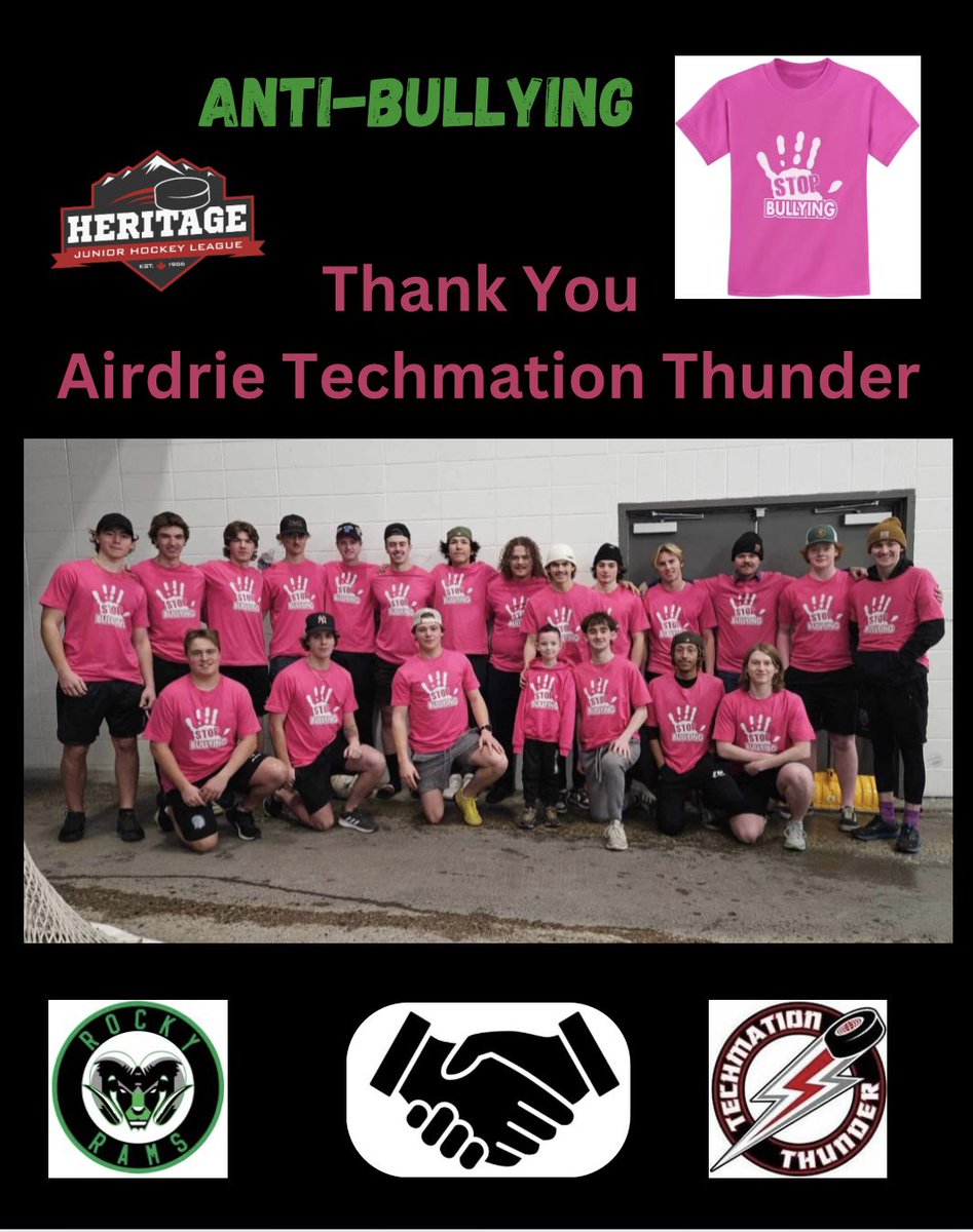 The Rocky Rams would like to thank the @AirdrieThunder for their support in purchasing 20 Stop Bullying T-Shirts to support Joey!

It goes to show what great organizations and support the league has in the communities that we play!

Stick Taps to the Thunder!

#morethanjustagame