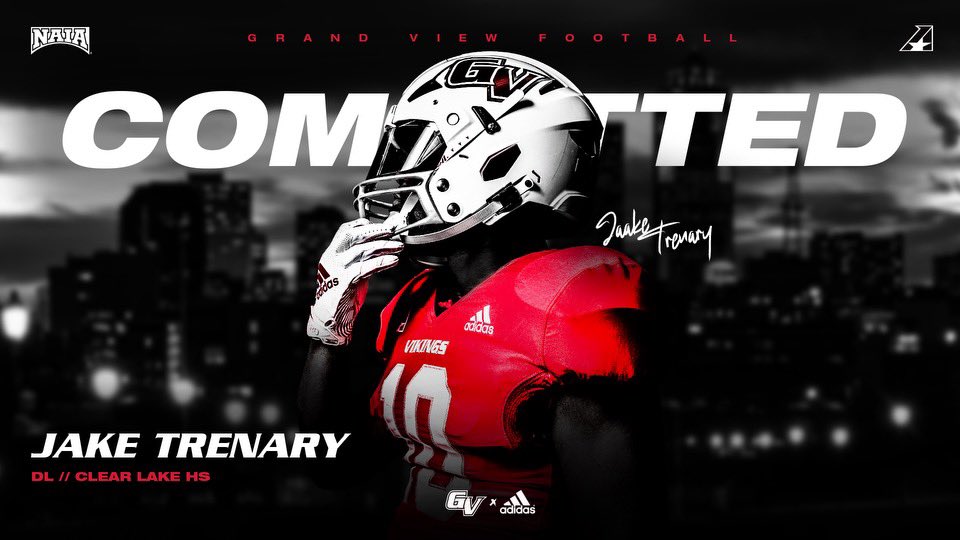 Jake Trenary (@jake_trenary) on Twitter photo I’m excited to announce that I will be furthering my academic and football career at Grand View University. Thank you to my family, and all my coaches that helped me get where I am today. Go Vikings!
<a href="/CoachJoeWoodley/">Coach Joe Woodley</a> <a href="/coachdfulton/">Derek Fulton</a> <a href="/CoachAaronStens/">Aaron Stensland</a> <a href="/JaredDeVries95/">Jared DeVries</a> I’m excited to announce that I will be furthering my academic and football career at Grand View University. Thank you to my family, and all my coaches that helped me get where I am today. Go Vikings!
<a href="/CoachJoeWoodley/">Coach Joe Woodley</a> <a href="/coachdfulton/">Derek Fulton</a> <a href="/CoachAaronStens/">Aaron Stensland</a> <a href="/JaredDeVries95/">Jared DeVries</a>