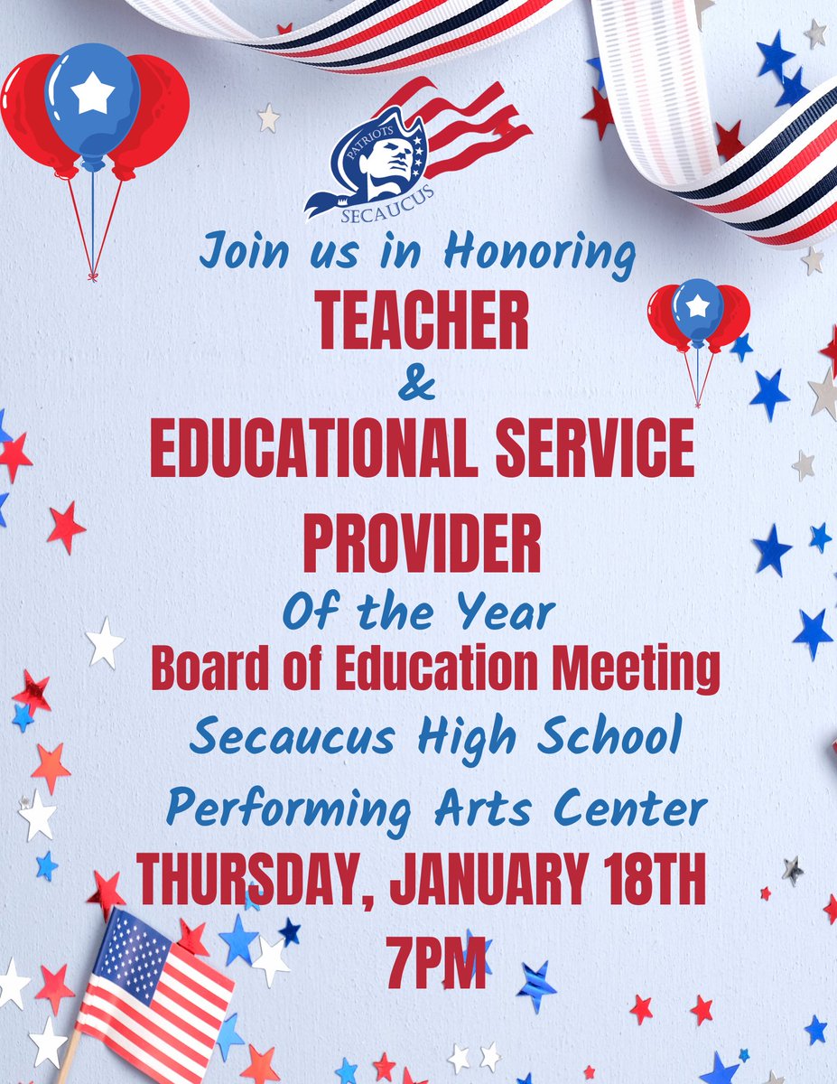 🌟 Join us at the BOE meeting tomorrow! Let's celebrate our amazing Teachers and Educational Service Providers of the Year! 🏆 Your presence means a lot. 📅: Tomorrow, 7 PM 📍: PAC. Let's show our appreciation for those who shape our future!  #CelebrateExcellence @SecaucusPSD