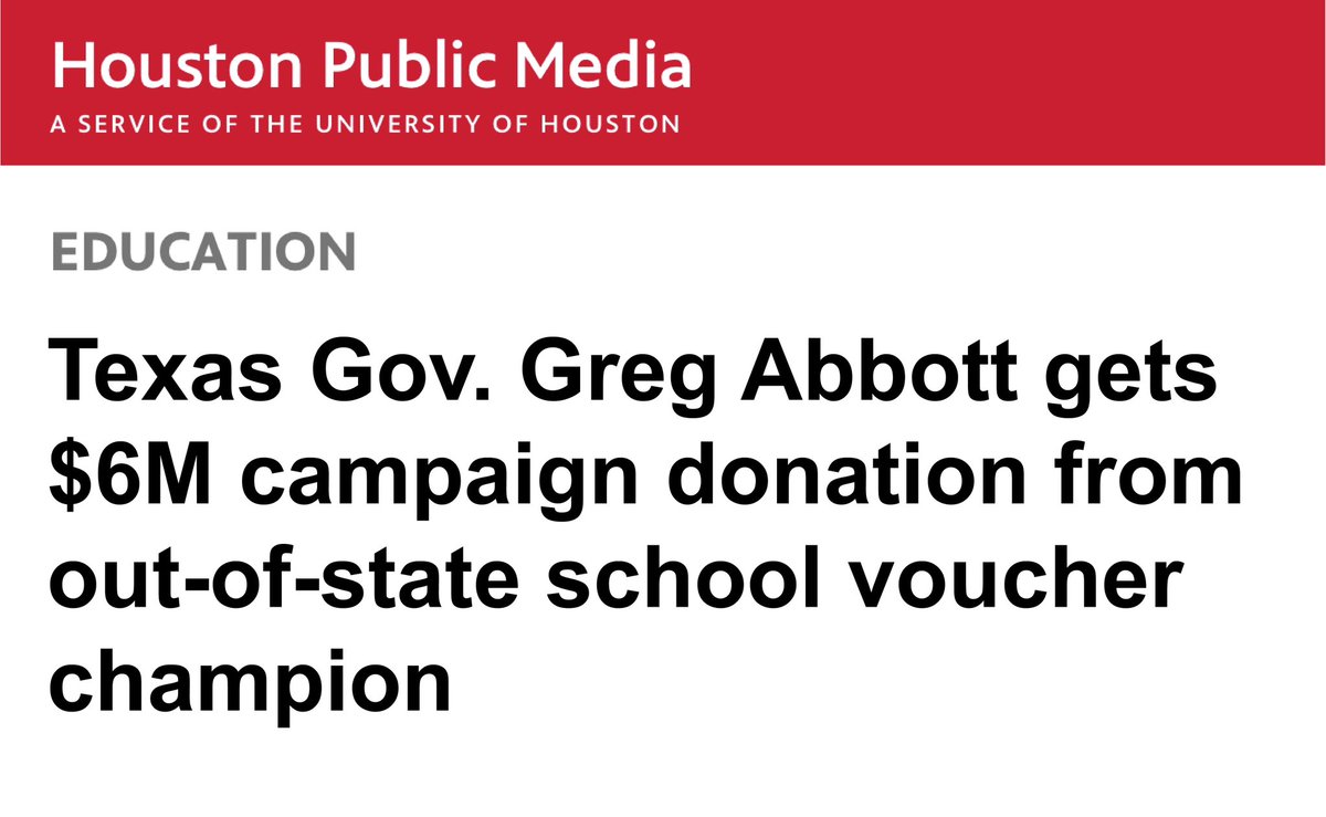 A billionaire mega-donor just gave Greg Abbott $6 MILLION to keep pushing private school voucher scams.

This is the largest bribe in the history of Texas politics.

Greg Abbott doesn’t work for the people of Texas — he works for his billionaire bosses.