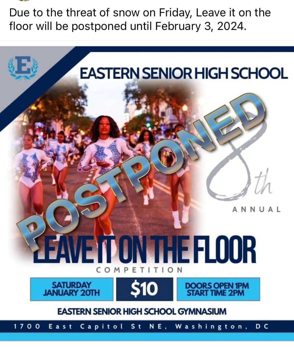 Could be snow Friday — ❄️ @capitalweather says it won’t be like Monday’s snowfall but could be enough for delays and cancellations. Already @EasternHS has rescheduled the Leave it On the Floor @EasternMarching competition from Sat Jan 20 to Sat Feb 3. (h/t Band Dir Janes Perry)