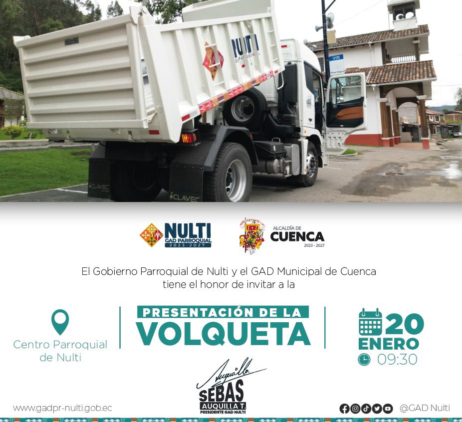 Para mejorar las labores de mantenimiento vial en la Parroquia Nulti, hemos adquirido con el presupuesto participativo Municipio Cuenca  una volqueta. 
Y te invitamos este sábado 20 de enero a las 9:30 horas a la presentación de la misma. 👏👏💪💪
#sebasauquilla  #cuenca #Azuay.