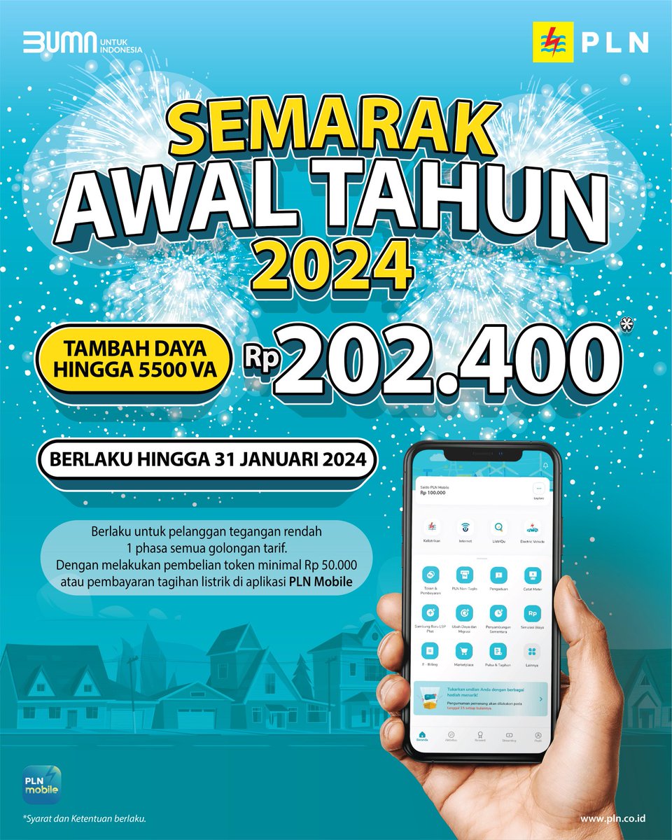 adib_arianto's tweet photo. SAMBUT TAHUN BARU dengan PROMO TAMBAH DAYA yang bikin happy Electrizen!

Pasti banyak resolusi yang ingin kamu capai tahun ini. Yuk raih mimpimu dan jadi semakin produktif, dengan Promo Semarak Awal Tahun 2024.
#SemarakAwalTahun2024 #PLNMobile https://t.co/DHTzAKcZba