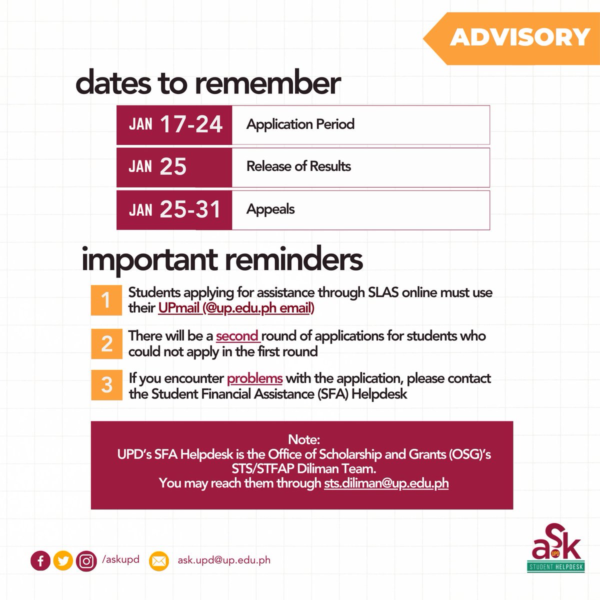 AskUPD's tweet photo. #Advisory: The Student Learning Assistance System Online (SLAS Online) is now open for the 2nd batch of applications for the Second Semester AY 2023-2024. To apply, go to: https://t.co/8P160CVlAl (accessed through UP mail).

#KapitLapitAskUPD https://t.co/Fuds2fbznZ