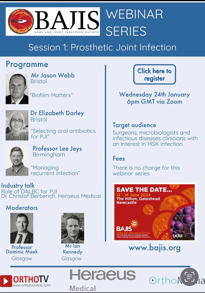 🚨 Only 1 week left to join the BAJIS Webinar on Prosthetic Joint Infections! Register now: bajis.org/index.php/even… Don’t miss this chance !!! 🔹 Mr Jason Webb 🔹 Dr Elizabeth Darley 🔹 Prof Lee Jeys 🔹 Dr Christof Berberich 📅 24 Jan | ⏰ 6 PM GMT | 💻 Zoom #orthotwitter