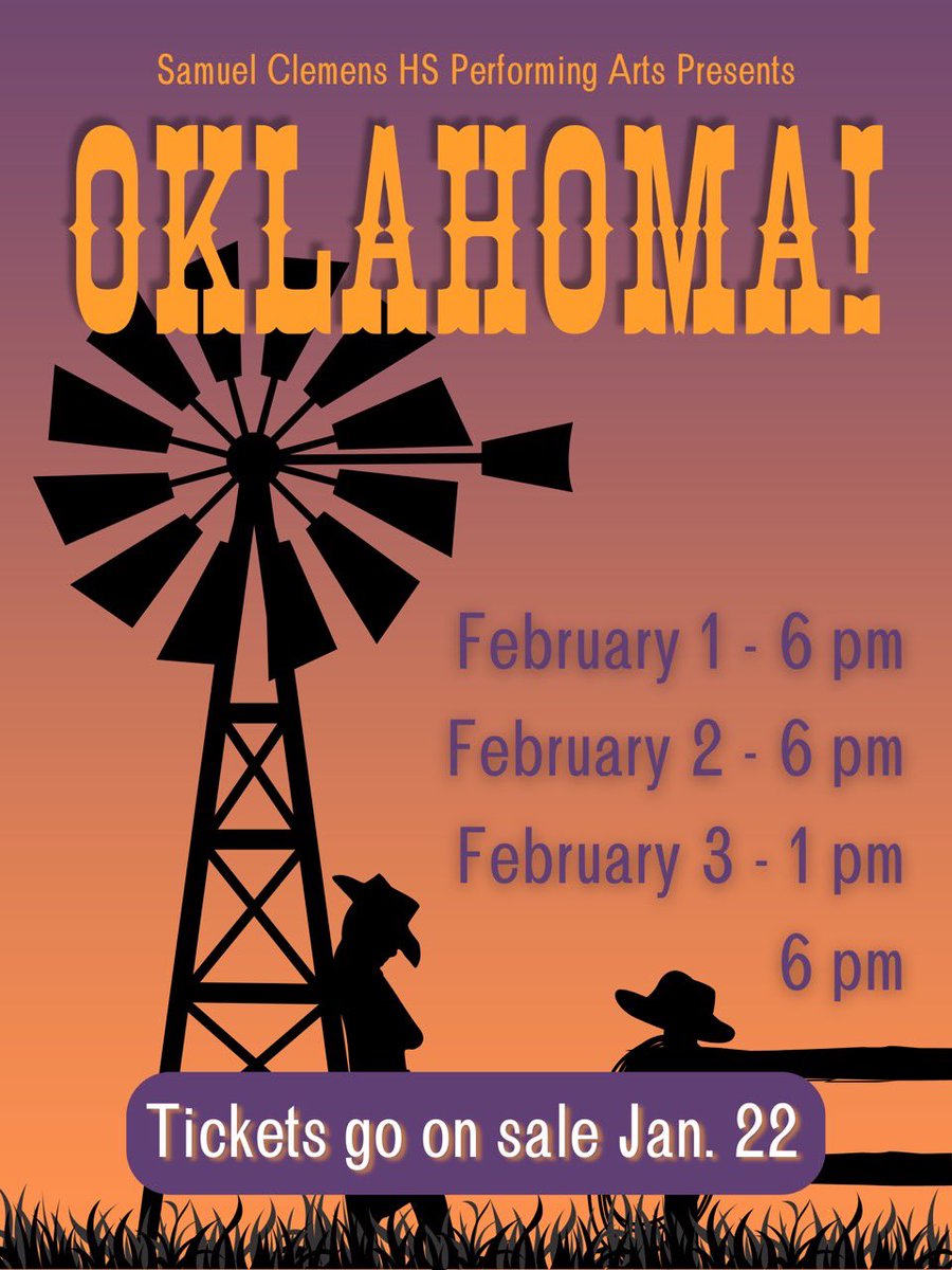 Clemens Band, Orchestra and Theater rehearsing the musical Oklahoma. Performance information on the last picture.