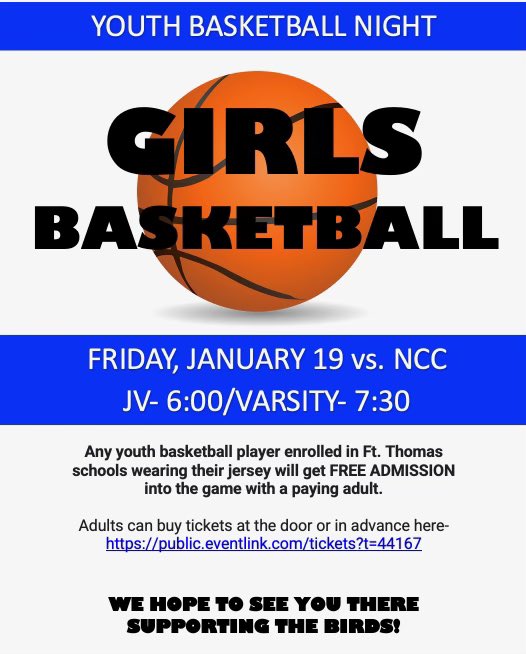 Let’s pack the gym <a href="/FTHighlandsHS/">Highlands High School</a> on Friday night to cheer on the Bluebirds!

Our Fort Thomas students can get in for free by wearing their youth jerseys to the game.  It’ll be a great night and we can’t wait to see you there!

<a href="/fthhsathletics/">HHS Birds</a> 
<a href="/hhsbballcoach21/">Jaime Walz Richey</a> 
<a href="/Jodar42/">John Darnell</a>