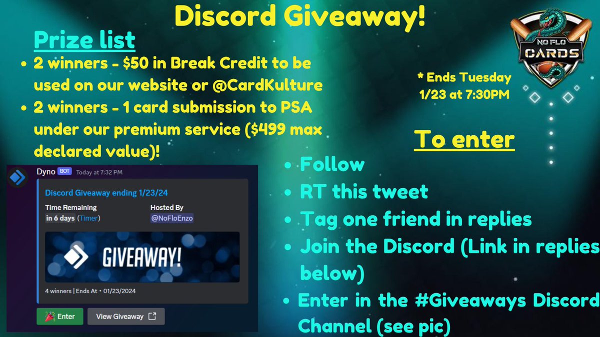 🎉Discord Giveaway🎉

4 Winners total:

- 2 x $50 break credit 
- 2 x Premium Submission service for our February PSA Group sub!!

Follow steps in the graphic - link to discord in replies 👇