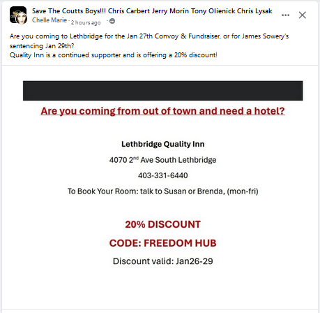 TonyYvce's tweet photo. Why the hell is the Quality Inn in Lethbridge offering discounts to people in support of a guy who was convicted of assaulting a police officer with a vehicle, as well as 4 guys charged with conspiring to murder police officers?

@qualityinnyql
@ChoiceHotels https://t.co/mDrB2F0W3c