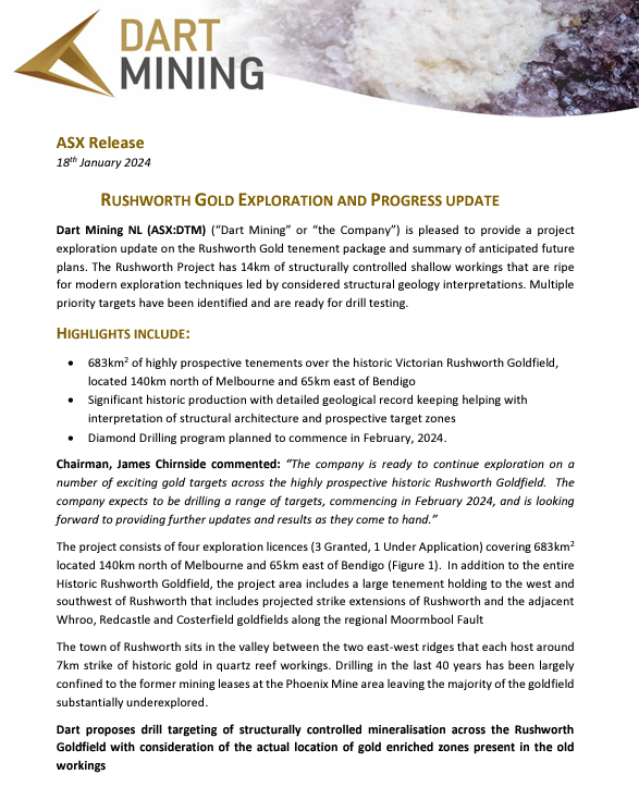 <a href="/DartMining/">Dart Mining</a>  is pleased to provide a project
exploration update on the Rushworth Gold tenement package and summary of anticipated future plans.
Multiple priority targets have been identified and are ready for drill testing.

ASX Release: bit.ly/3SjO79s

#ASX #DTM #Mining