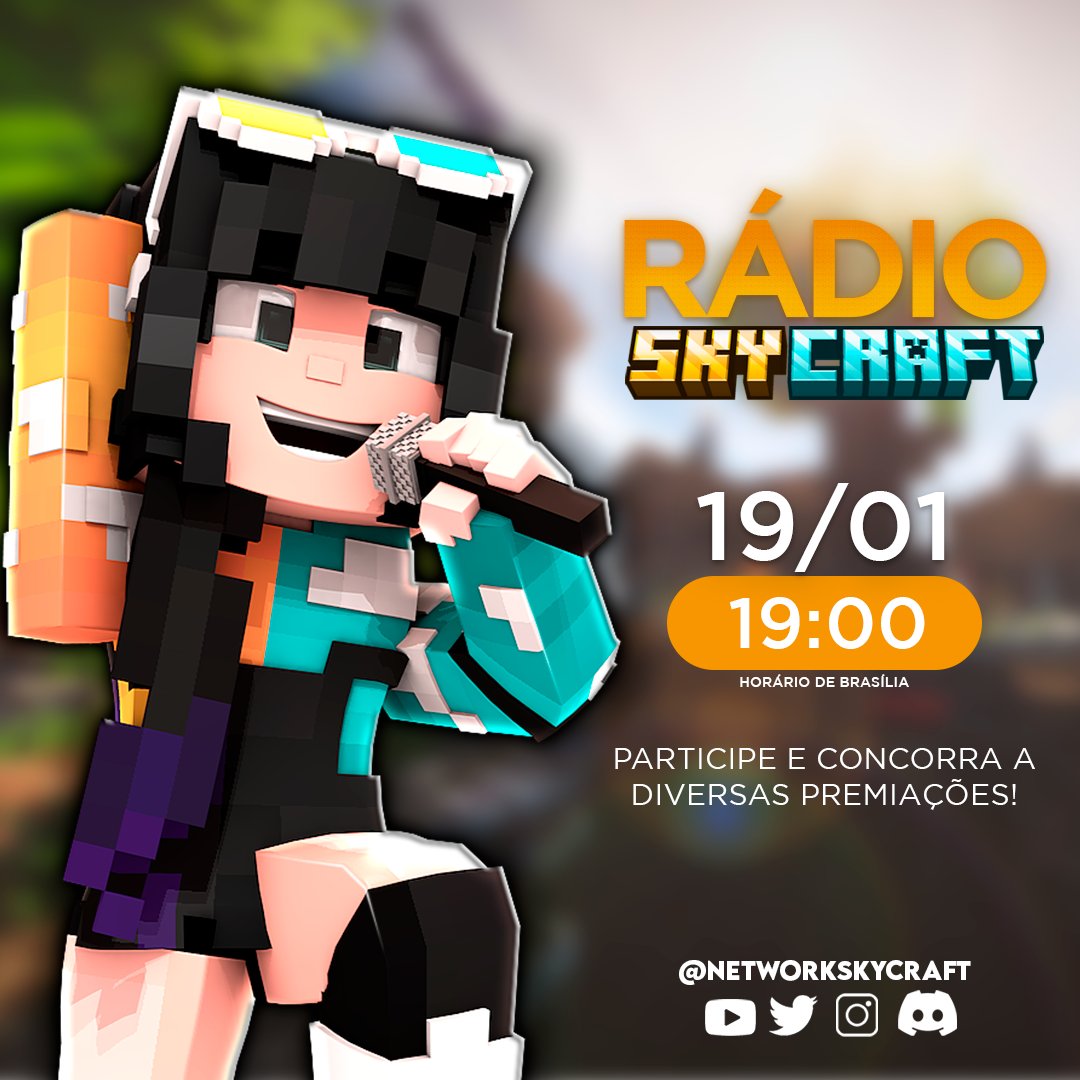 NetworkSkycraft's tweet photo. Participe da nossa rádio no Discord no dia da abertura da beta. Estaremos com vocês no dia 19/01/2024, às 19:00 horas. Vamos inaugurar o servidor juntos!

 Spoiler: O ganhador do evento vai ganhar um prêmio surpresa. Esperamos vocês aqui.

#SkyCraft #BedWars #EscondeEsconde https://t.co/1snW42kX4M