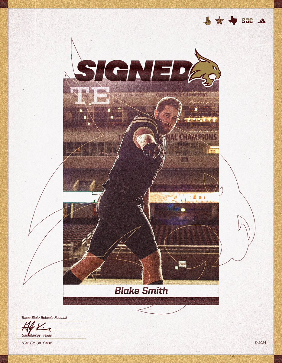 TXSTATEFOOTBALL's tweet photo. A big time playmaker coming to Texas State

Blake Smith | Tight End

#EatEmUp  #TakeBackTexas https://t.co/iZqTPN17bv