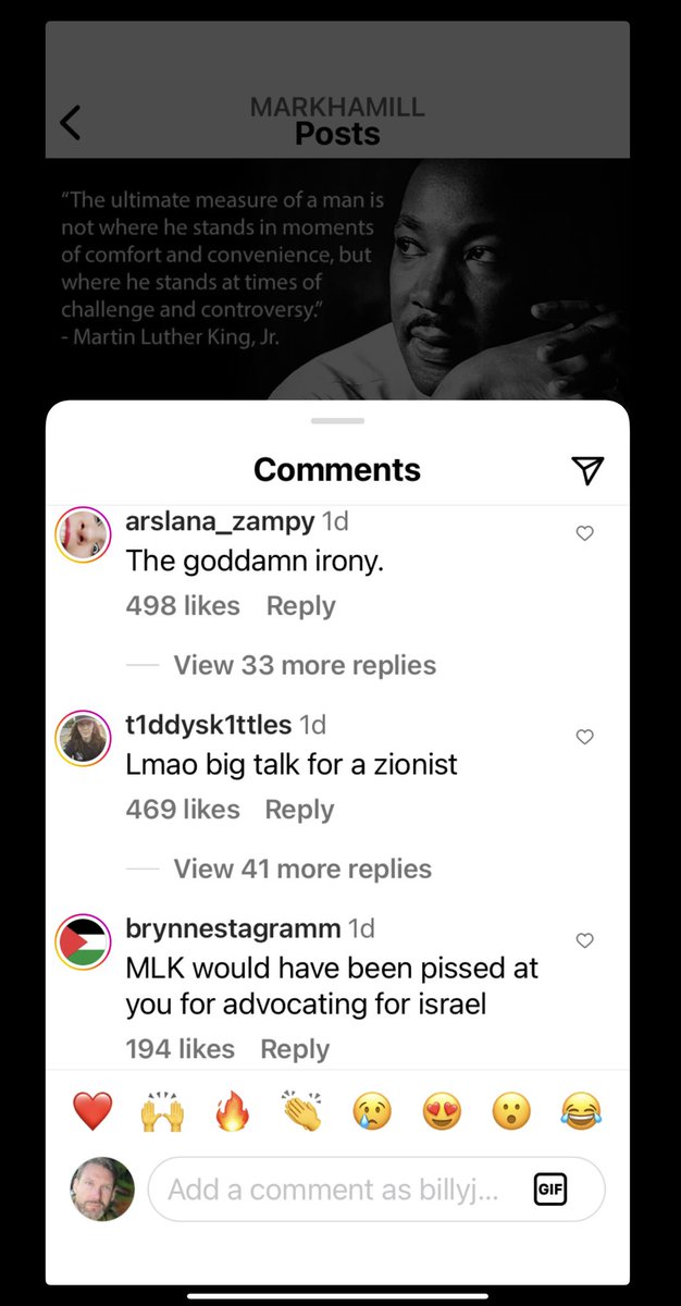 The divide between X and Instagram has never more clear than the negative comments on @MarkHamill’s MLK posts. Bashers on X railing against him for being negative about Trump. Bashers on Instagram railing against him for posting about supporting Israel on Oct. 8. Very little