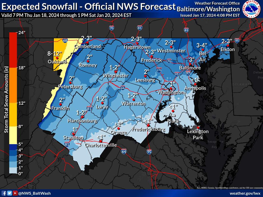 ReadyFairfax's tweet photo. [1/17 at 7:58 PM]❄️👀 We are closely monitoring another winter storm set to impact Fairfax County overnight Thursday into Friday. Expected snowfall amounts range from 1-2 inches. In the meantime, cold temperatures and bitter wind chills continue tonight. #VaWx #FFXSnow https://t.co/S0xAuwEm87