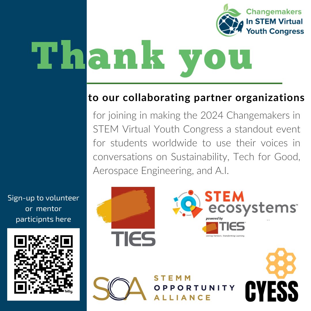 A huge shoutout to @STEMecosystems, @SOA_2050, @afterschool4all, and @TIESTeach for joining us to make the 2024 Changemakers in STEM Virtual Youth Congress a space for youth to use their voices to make lasting change. ✊

#jointhemovement #stempaysit4ward #stemchangemakers