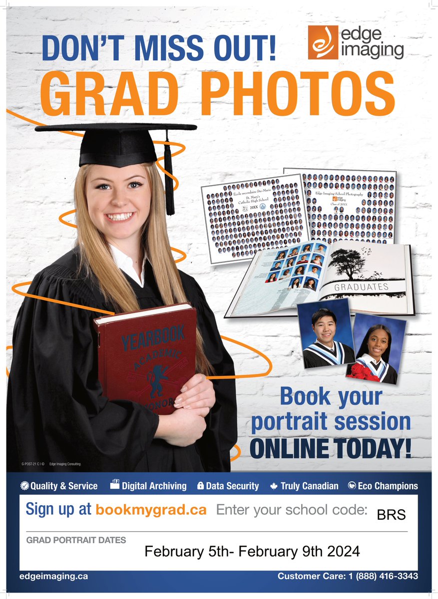 Attention graduates! Edge Imaging will be here from Feb.5th-Feb.9th, 2024 to take graduation photos! Don’t miss out on your opportunity to be featured in the class composite and leave your legacy in the hallways of the school for years to come.