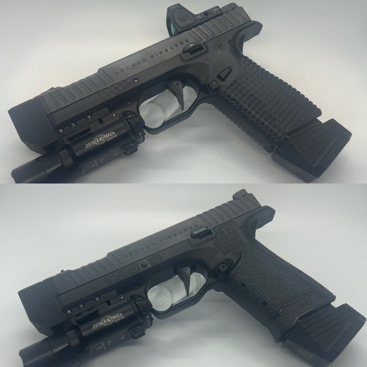 We wanted to showcase the subtle differences between the <a href="/archonfirearms/">Archon Firearms</a> Gen 1 and Gen 2.  Even with the differences our magazine extension fit both firearms with no issues.  The <a href="/vparmory/">Vantage Point Armory</a> compensator fit flawlessly by following the contour of the slide.  Check them out.