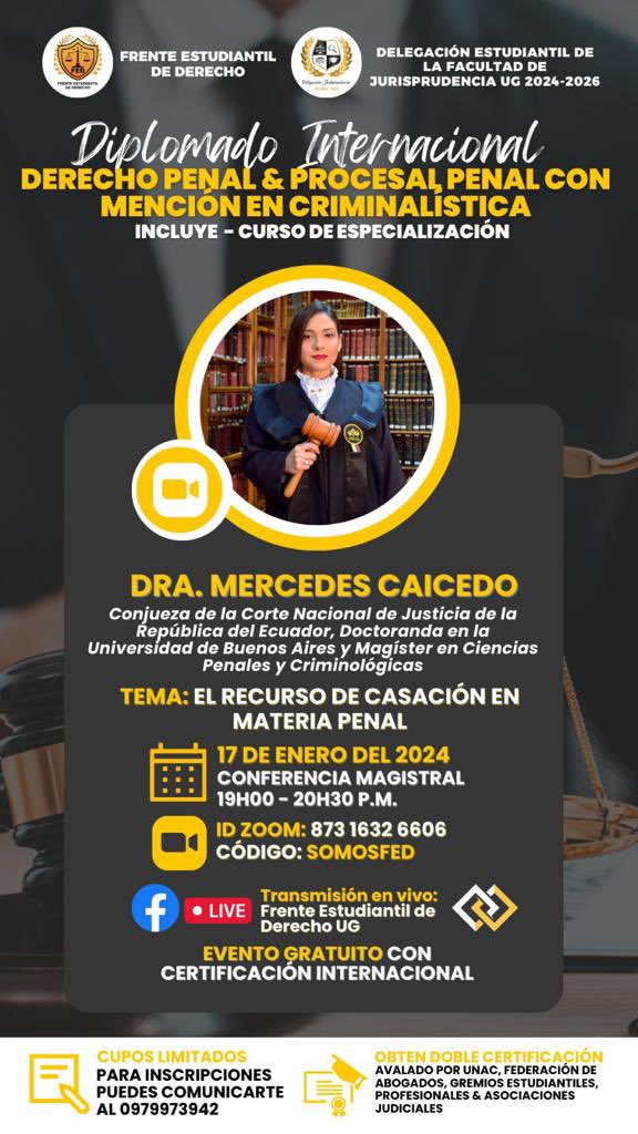El día de hoy fue más largo que nunca, pero lo cerramos con broche de oro en lo que más amo, la academia, estuve como ponente en el Diplomado de Derecho Penal y Criminología organizado por el Frente estudiantil de Derecho de la Universidad de Guayaquil hablamos del Recurso de