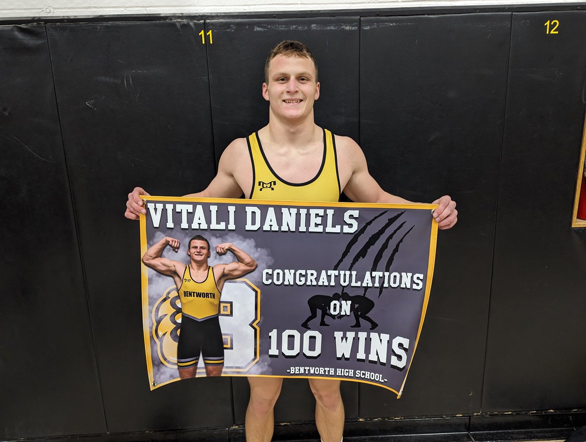 With a pin in the 1st period tonight Vitali Daniels <a href="/VitaliDaniels/">Vitali Daniels</a> becomes the 14th wrestler in Bentworth history to record 100 wins. Joining fellow teammate Chris Vargo who became the 13th wrestler to join the 100 win club.  Congratulations Vitali!
#wpial
#bentworthwrestling