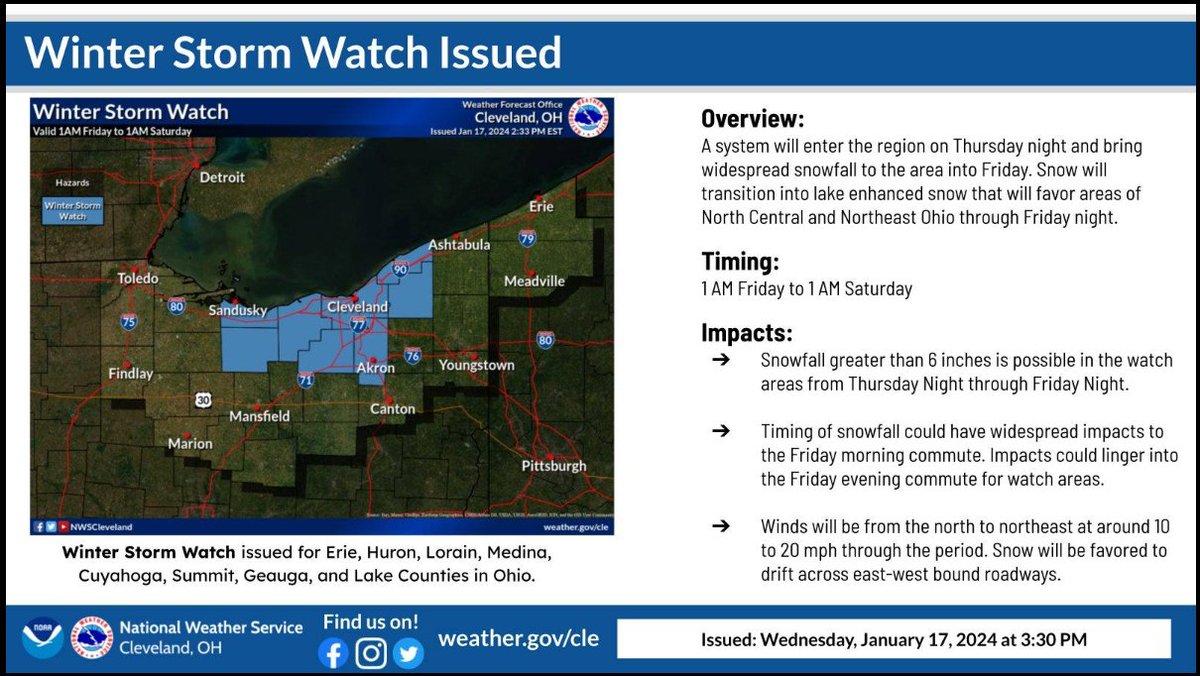 🌨️The National Weather Service has issued a Winter Storm Watch and a Hazardous Weather Outlook for a good portion of NE Ohio between 1 AM Friday and 1 AM Saturday.