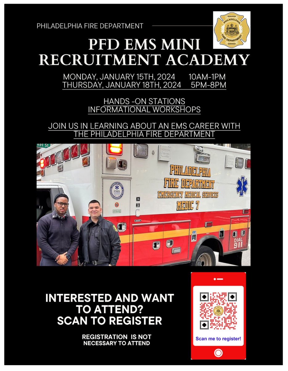 Are you interested in a career in emergency medical services? Join the PFD Recruitment team tomorrow for our EMS Mini Academy at 7800 Ogontz Ave. Phila. PA 19150 from 5-8pm. <a href="/PhillyFireDept/">Philadelphia Fire</a> <a href="/pfdexplorer1873/">Philadelphia Fire Explorers Post 1873</a> <a href="/PhillyMayor/">Mayor Cherelle L. Parker</a>