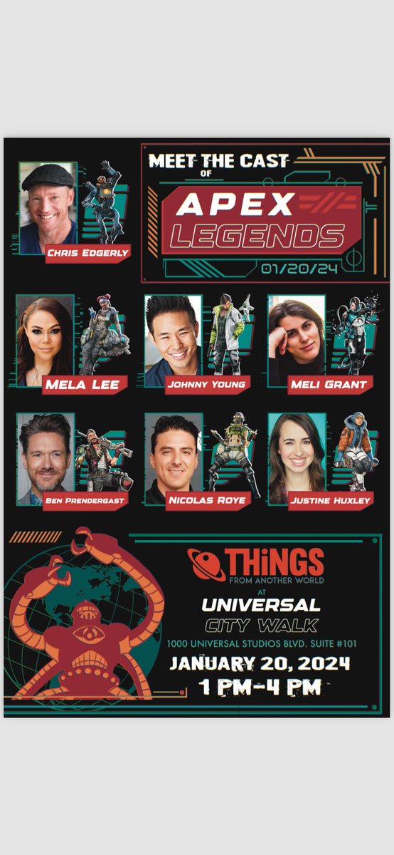 benjipea's tweet photo. You live in Los Angeles? Or close to it? And you're an Apex/God of War fan? Then we should hang out! This Saturday, at #universalcitywalk Hollywood #thingsfromanotherworld comic store. With my Apex Legend family Chris Edgerly (Pathfinder) @TheMelaLee (Lifeline) @Melizande (Catalyst) @JohnnyYoung115 (Crypto) @TheNicolasRoye (Octane) @JustineHuxley (Wattson) Jan 20th 1-4pm #ApexLegends @CelebWorx