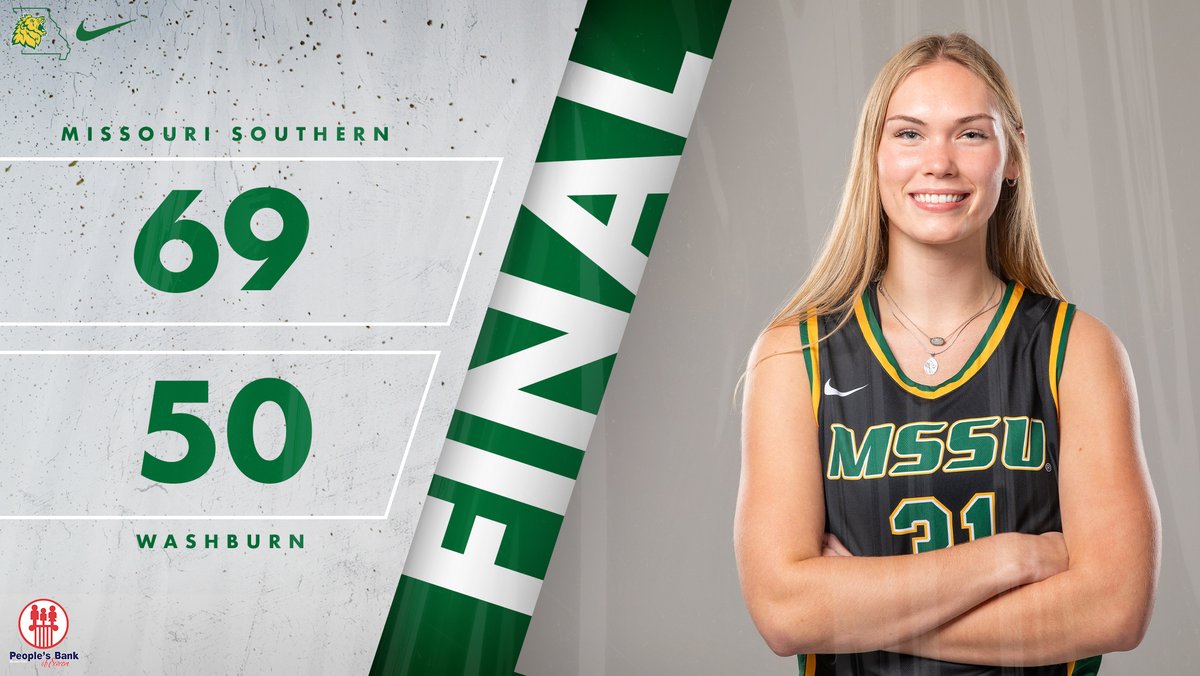 MAKE IT NINE STRAIGHT!!!
Missouri Southern defeats Washburn on the road, 69-50.

#31 Ryan Franklin - 20 pts (9-13 FG), 2 ast, 1 reb
#15 Brandi Hudson - 13 pts (4-6 FG, 5-8 FT), 9 reb, 4 stl
#21 Morgan Meyers - 9 pts (3-5 FG, 3-4 FT), 4 reb, 3 ast