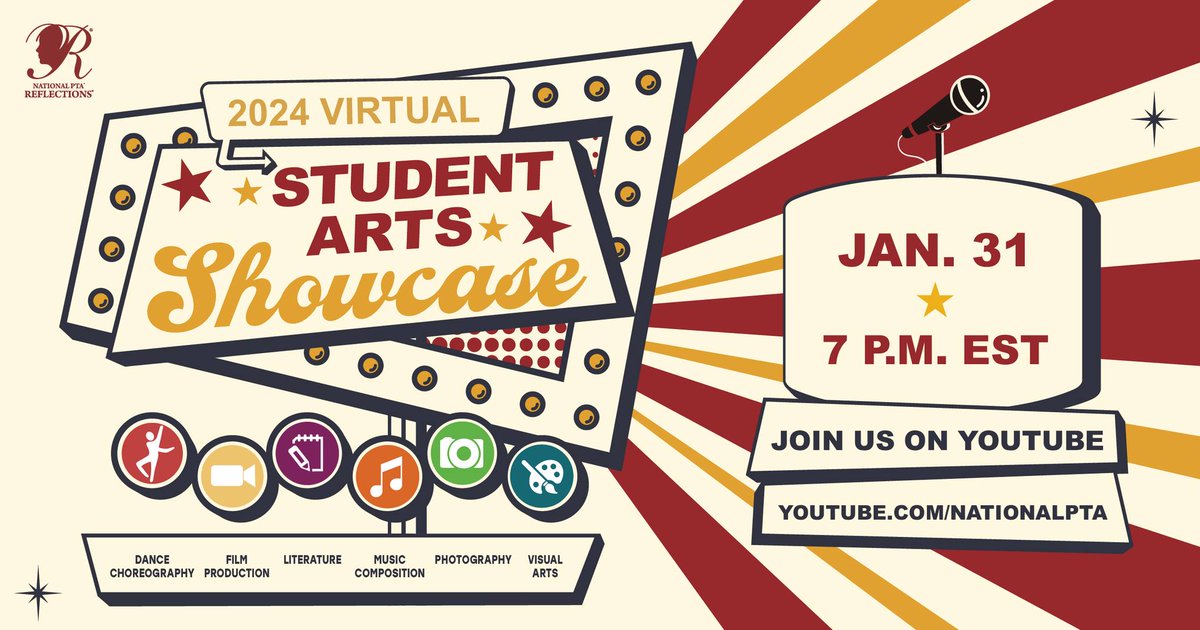 Save the date for the virtual 2024 National PTA Reflections program Student Arts Showcase Jan. 31, 7 p.m. EST on zurl.co/7F13. Celebrate the artists from the 2022-2023 “Show Your Voice!” program. RSVP now so you don’t miss the excitement: zurl.co/f0oc.