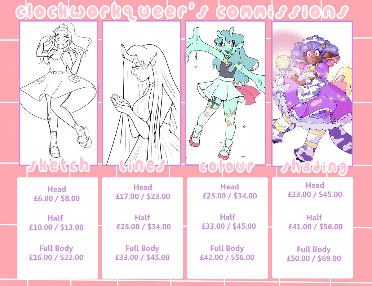 ClockworkQueer's tweet photo. 🌼~Commission Sheet~🌼

Please DM me with any enquiries or questions 💕

#commissionsopen #artcommissions https://t.co/QsbYkF4ZvE