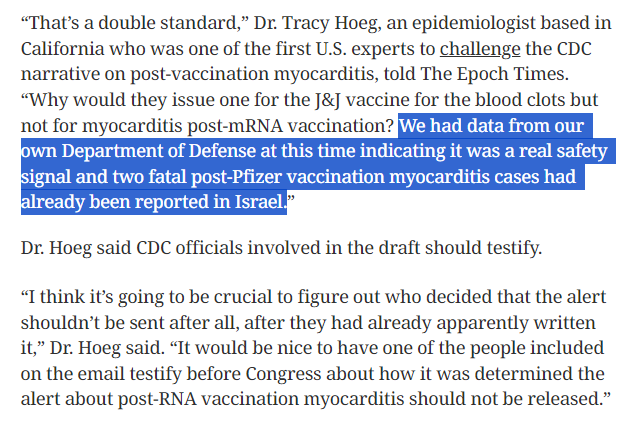 TracyBethHoeg's tweet photo. At a pivotal moment, just 9 days after the @CDCgov recommended the covid vax for adolescents, in May of 2021, @CDCgov decided NOT to send an already-written alert about the risks of post-mRNA vax myocarditis.
Sending it might have changed the entire globe's vaccination strategy, particularly for adolescents & young adults. Many vaccine injuries could have been avoided, even deaths.

As @ZackStieber & I describe in the article, CDC had plenty of evidence at this point to know the signal was real & had even been fatal.

They chose to hide it.

The CDC prioritized drug manufacturers over Americans' rights to informed consent. They recommended not just 1 but 2 doses of mRNA vaccine for healthy adolescents & young adults, even after they had had Covid- just why? They chose to turn a blind eye and take unnecessary risks with the hearts and lives of young people.

This email is an important find by @ZackStieber & is further evidence the CDC is a corrupt agency that we are paying to prioritize the pharmaceutical industry over the health of American people.

https://t.co/K9zID36e6Q