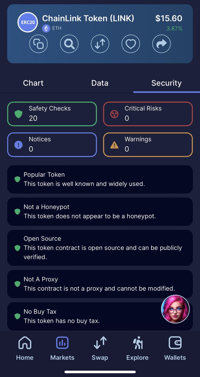Joelliuzzi's tweet photo. Was checking out some blue chip #crypto like $LINK here on @Dexaniio swap lots of info on days, charts, and a great security check 
#Wednesdayvibe @CryptoRussD 

Check out ChainLink Token 0x514910771af9ca656af840dff83e8264ecf986ca on Dexani!

https://t.co/QcY6Mwlym6 https://t.co/YKE1AyBcoI