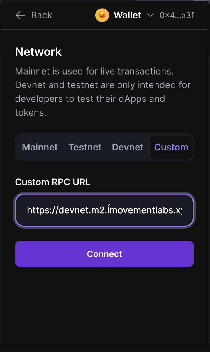 To use your dApp, change a Sui wallet's network to M2 and connect it!  

I chose <a href="/EthosWalletXYZ/">Ethos ✨ Wallet</a> because of the great user experience. And they've always been a solid friend to builders 💜

To view transactions, you can configure Sui Explorer to M2: x.com/suizzle_/statu…