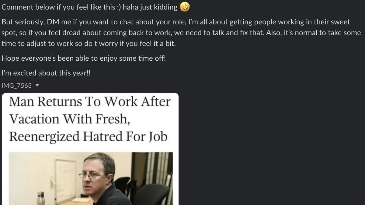 BiancaJade111's tweet photo. Dream company goals 🏆 You know your manager cares about you when you see a Slack message like this. #worklifebalance #bestbossaward #companygoals #digitalnomad #workdoesnthavetosuck https://t.co/Mr6LnS5PPl