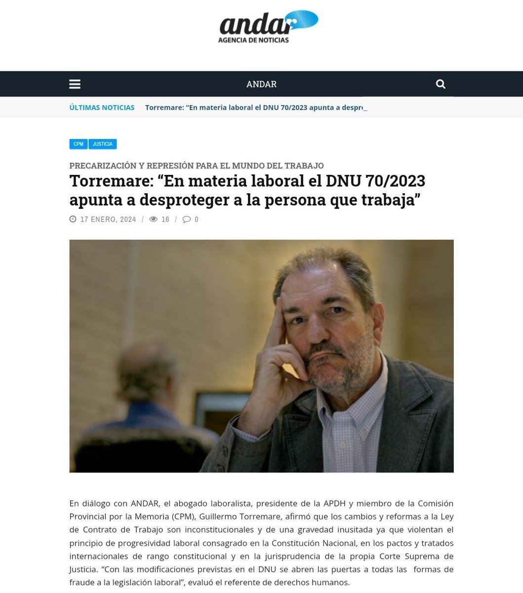 APDHArgentina's tweet image. Presidente APDH Guillermo @Torremare_DDHH en @AndarAgencia 👇🏽

“En materia laboral el DNU 70/2023 apunta a desproteger a la persona que trabaja”

andaragencia.org/torremare-en-m…