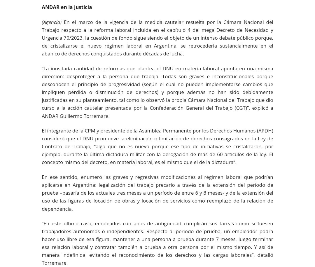 APDHArgentina's tweet image. Presidente APDH Guillermo @Torremare_DDHH en @AndarAgencia 👇🏽

“En materia laboral el DNU 70/2023 apunta a desproteger a la persona que trabaja”

andaragencia.org/torremare-en-m…