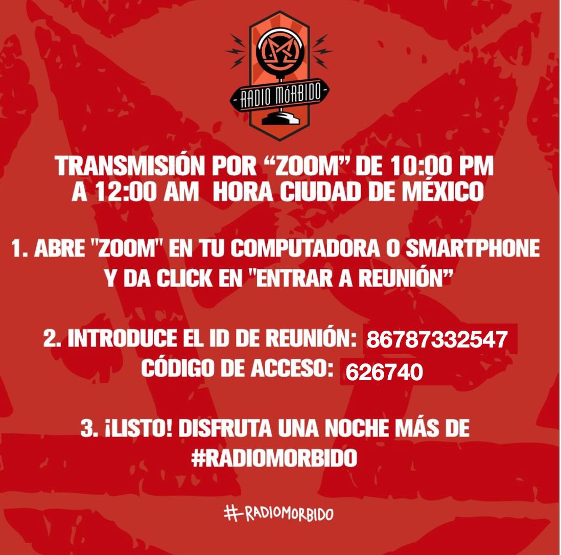 MundoMorbido's tweet photo. HOY MIERCOLES grabación #RadioMorbido en vivo x zoom, (10:00pm - 12:00am Mexico) con @Pablo_Guisa @EnrricoL @EricOrtizG @pazespa y como invitada @whoisdanas #addiciones #adicto @morbidoarmy @morbidozombiec @CinemaInfernoMX @butacaancha @morbidofest @morbidotv @morbido_merida https://t.co/1KGmCAUwOh