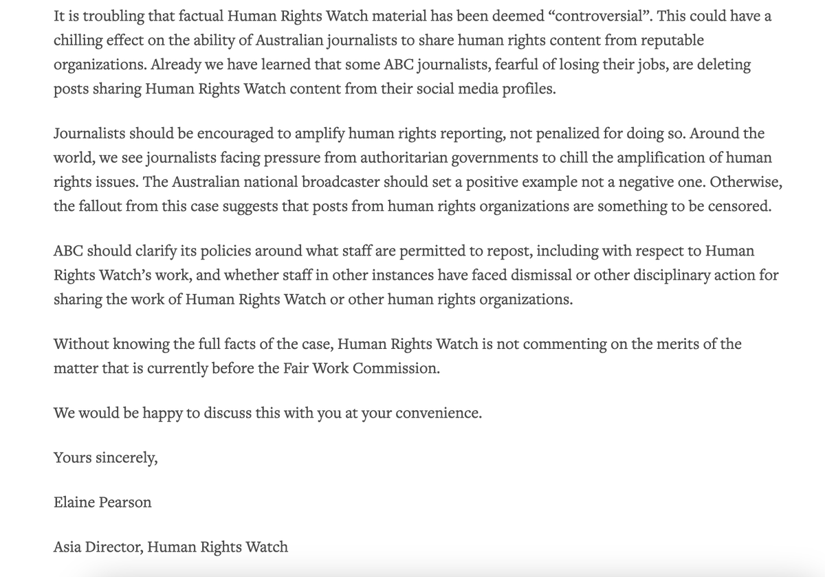 PearsonElaine's tweet photo. Human Rights Watch @hrw released a letter today to  ABC, affirming support for journalists to be able to cite and amplify human rights reports without being penalised. Read it here: 
https://t.co/NC5KW5oVqt https://t.co/McyZDuKndU