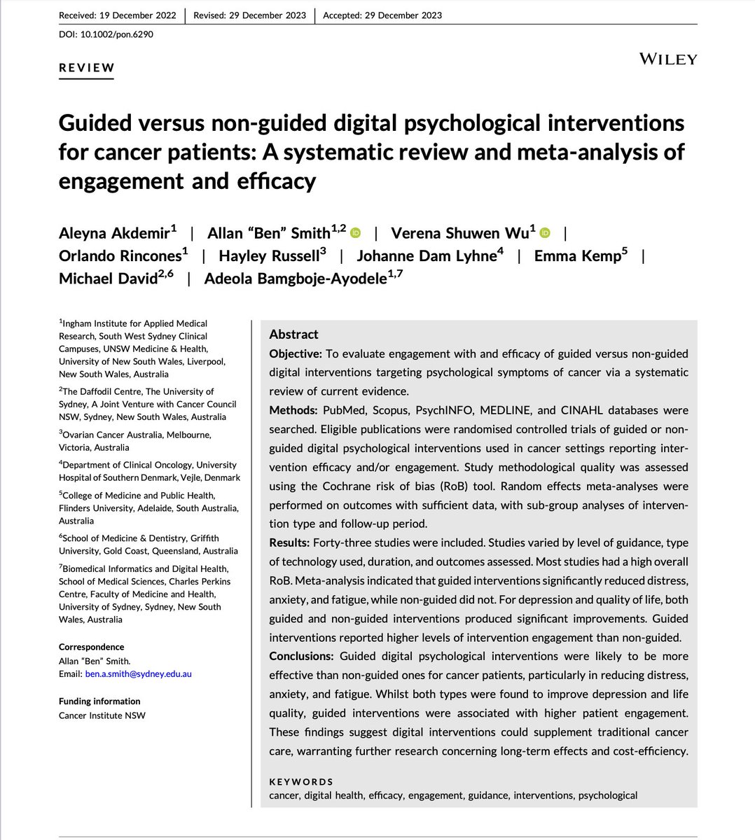 Systematic review delves into digital interventions:
- Guided interventions show significant reductions in distress, anxiety, &amp; fatigue compared to non-guided ones
- Both improve depression &amp; QOL, but guided approaches exhibit higher patient engagement

onlinelibrary.wiley.com/doi/epdf/10.10…