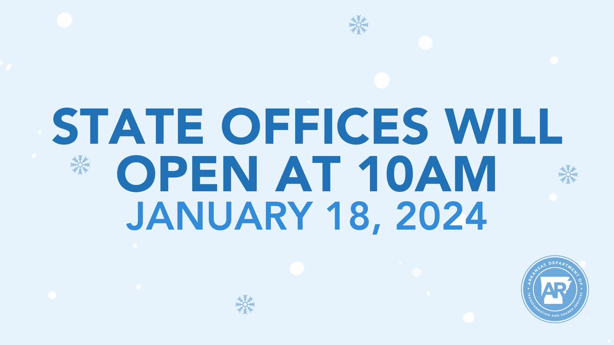 SASArkansas's tweet image. Out of an abundance of caution, Governor Sanders will delay the opening of state office buildings until 10:00 a.m. on Thursday, January 18, 2024. If you have any questions, please contact your manager.