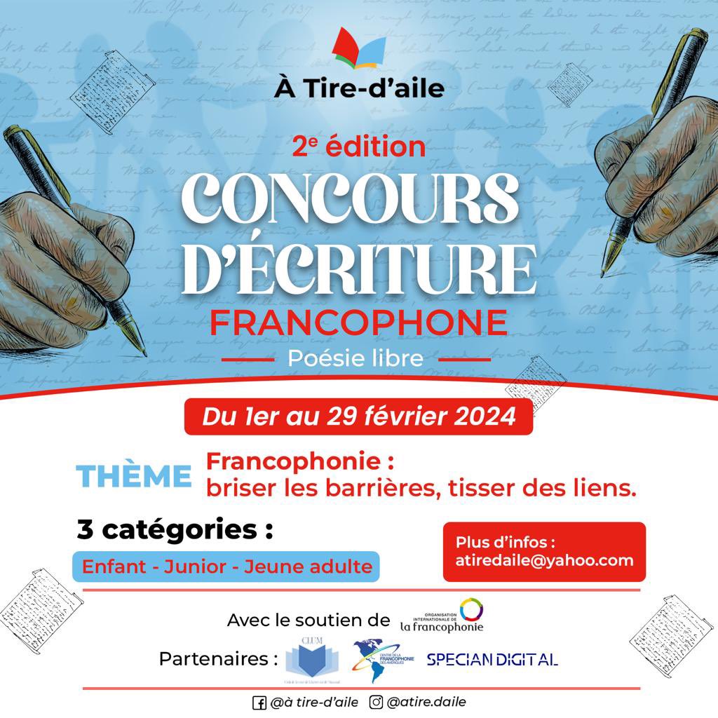 stphrigaud's tweet photo. Le thème « Francophonie : briser les barrières, tisser des liens » est une invitation à partager votre voix unique et à faire une différence. 🌍

Début des inscriptions: 1er février 2024

#ATireDaile #PoesieLibre #FrancophonieUnie #Notezvoscalendriers ✍ https://t.co/qz1FSNNLlJ