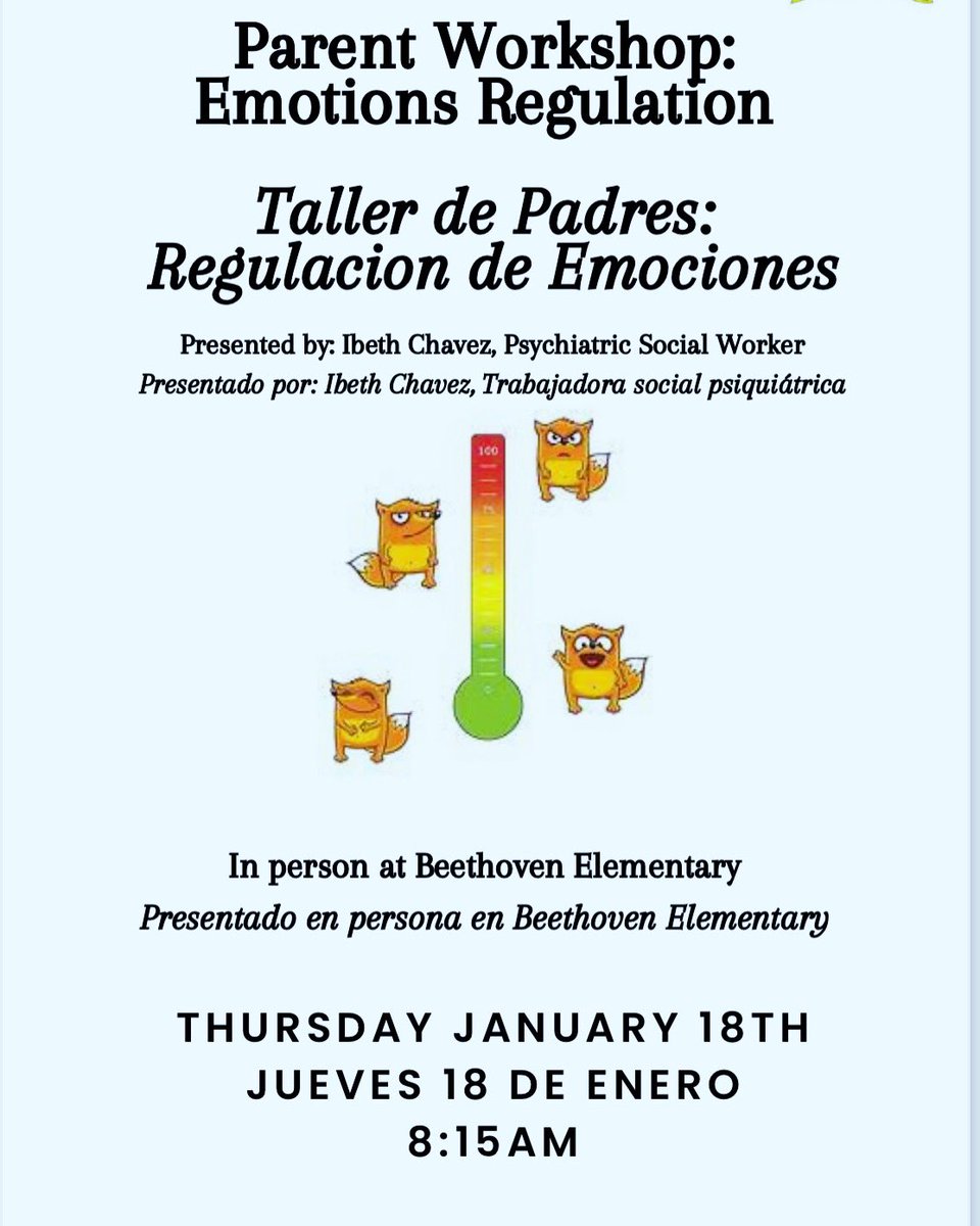 beethovenes's tweet photo. Beethoven 🐾 Elementary is excited to offer a parent training around “Emotional Regulation” hosted by one of amazing therapist, Ms. Ibeth Chavez. Join her for a worthwhile discussion to support your child’s social emotional needs. ♥️ 

@laschools 
@laschoolswest 
@venice_lausd https://t.co/jy8d6Yq0Sy