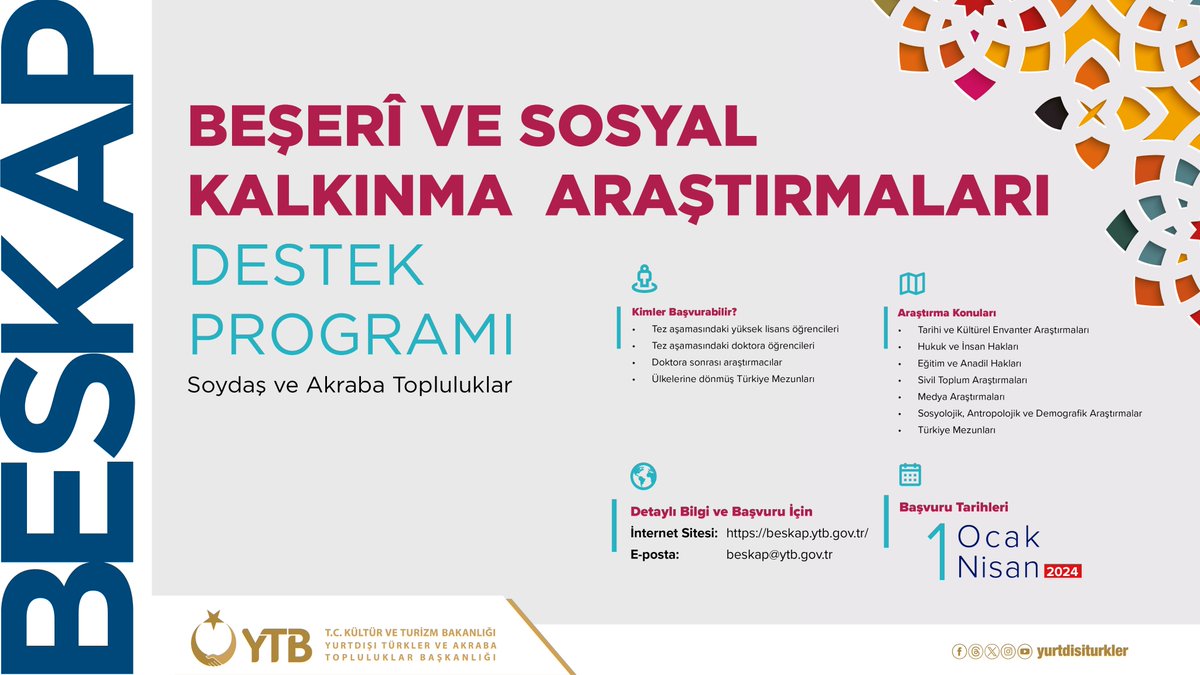 yurtdisiturkler's tweet image. Beşeri ve Sosyal Kalkınma Araştırmaları Programı başvuruları devam ediyor.

#BESKAP ile soydaş ve akraba topluluklarımızın beşerî ve sosyal kalkınmalarına yönelik kapsamlı, yol haritası oluşturan, özgün, yenilikçi tez ve bilimsel araştırmalarına destekler verilecek.

Başvuru ve