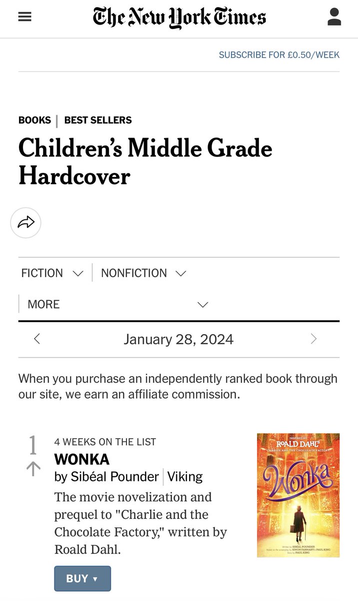 Brilliant to wake up and see @Sibealpounder is a #1 New York Times bestseller! Congrats Sibéal 🎉 #wonka