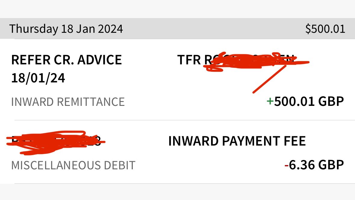 RogRites's tweet photo. @NAB why do you take substantial fees on inward transactions to a GBP account when the inward is already in GBP. Seems like gouging. https://t.co/QzerV05bXp