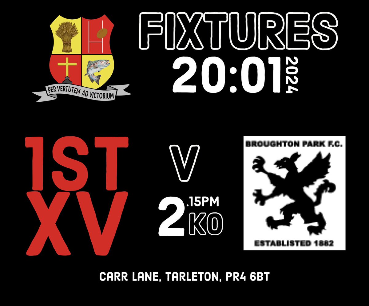 FIXTURES - 21:01:24

Just one game this week as our 1st XV host Broughton Park at Carr Lane in the re arranged game from December. 

📍 Carr Lane, Tarleton, PR4 6BT
⏰ KO - 2.15pm

#onebadgeoneclub 
#wearetarleton 
❤️💛🖤