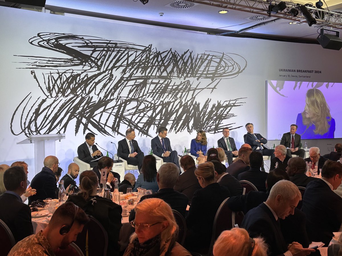 At the Ukraine breakfast in Davos. One of the main topics is confiscating the Russian central bank reserves for Ukraine. Very glad that this issue has reached the top of the political agenda. Make the aggressor pay.