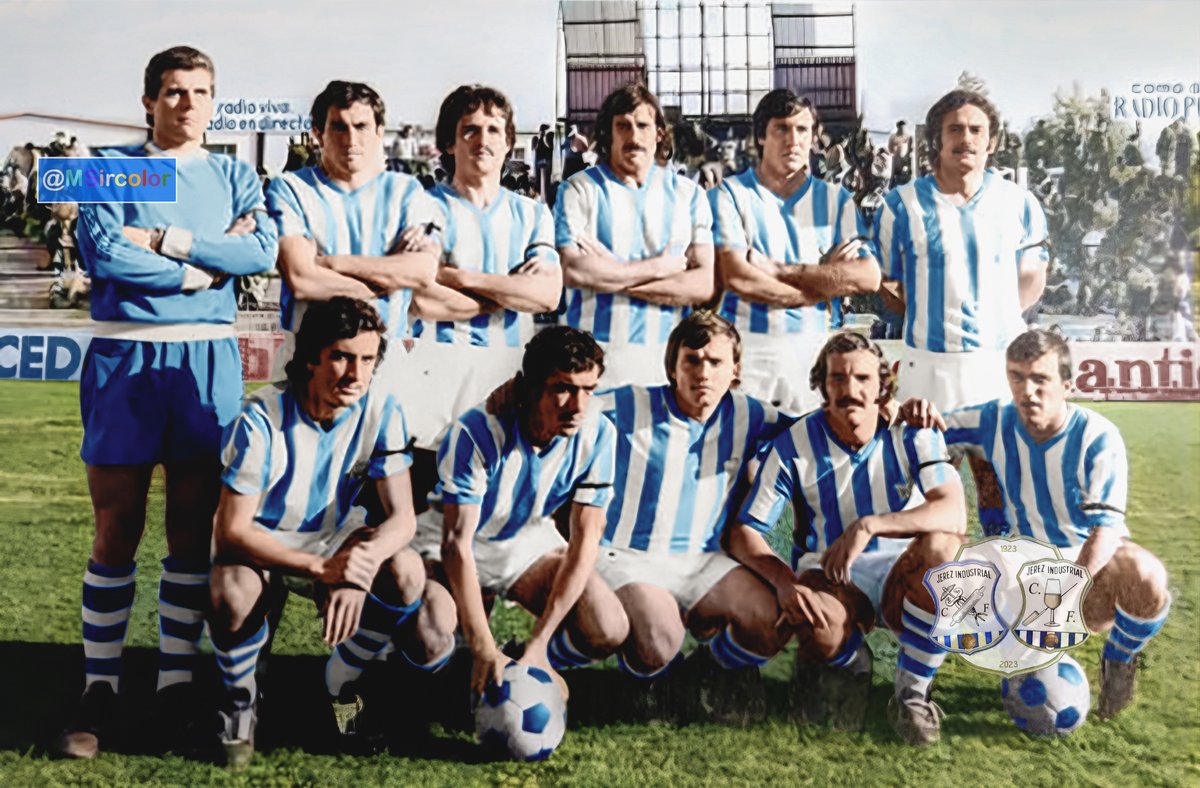 MSircolor's tweet photo. Foto coloreada del @JerezInd_CF temporada 76-77 en el emblemático #EstadioDomecq #Simeón #Mateos,? #Tey #Félix #Navas,? #ReinaAroca;;#Manolín,? #Villalustre #Vega #Auyanet,? y @Queijo el entrenador era #JoséPeñafuerte ¿Algún #Industrialista puede sacarnos las dudas? https://t.co/bIaMwgvlqZ